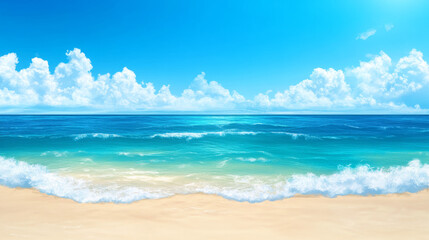 Fototapeta premium Serene Tropical Beach Scene Blue Ocean Waves Crashing on Sandy Shore under a Sunny Sky