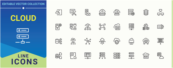 Cloud Server icon collection. Featuring storage, hosting, cloud, cloud network, compute, computer. Server icon set. Thin icons set. Editable vector stroke.