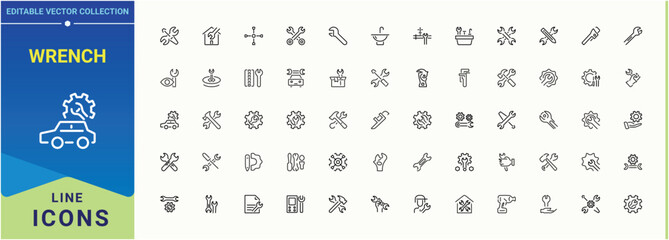 Wrench vector line icon set. Contain linear symbols mechanical, construction, technical, spanner, equipment, setting, work and more. Minimalist linear icons. Tool icon collection. Editable stroke.
