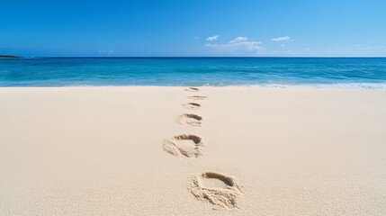White sand beach with footprints leading to sea soft shadows and sunlit texture coastal journey theme 
