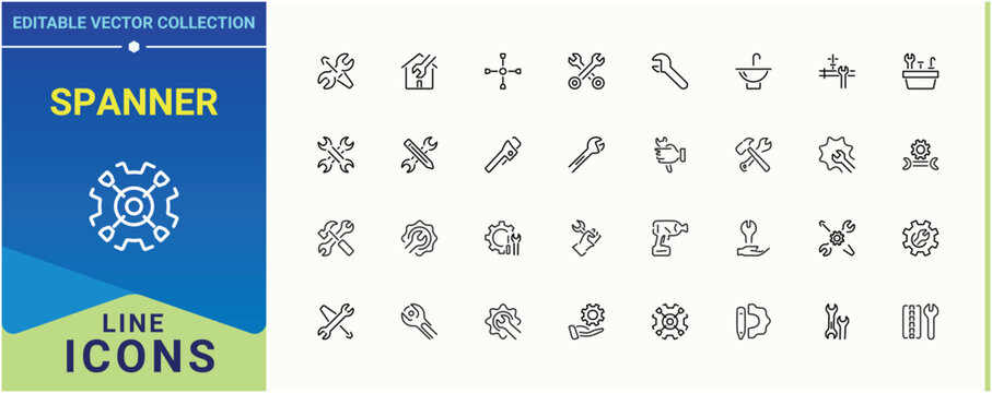 Spanner linear icon collection. Containing equipment, technical, setting, construction, tools, mechanical and more. Wrench icon set. Thin linear style icons. Pixel perfect. Editable stroke.