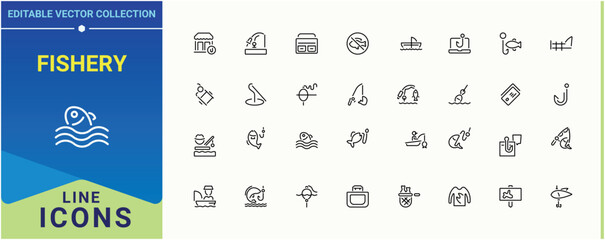 Fishery icon set. Includes thin line symbols fish, fisher, activity, hunt, outdoor, leisure, sea and more. Fishing icon set. Thin UI icons. Editable stroke collections.