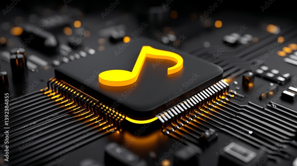 Poster a 3d render showcases a futuristic motherboard with a microchip bearing a music symbol, as orange ne