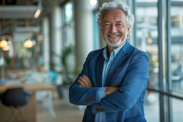 Fototapeta premium Happy middle aged business man ceo standing in office arms crossed