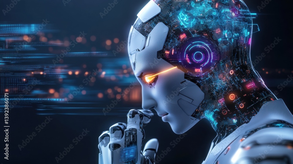 Poster futuristic robot profile with advanced digital elements