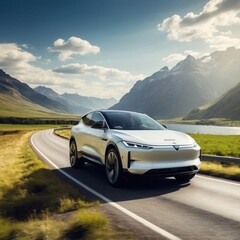 Sleek and modern electric car driving through a scenic landscape.