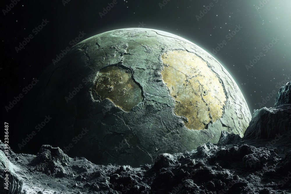 Poster exploration of a distant rocky planet with rugged terrain and uneven surface features