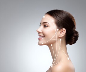 The concept of facial rejuvenation is demonstrated through the lifting of skin and lines on half of a woman's face, including face contour correction and neck lifting