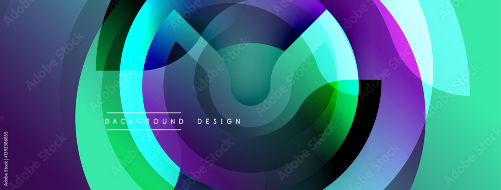 Poster abstract vibrant layers create dynamic circular design. purple, teal, green hues blend seamlessly. m