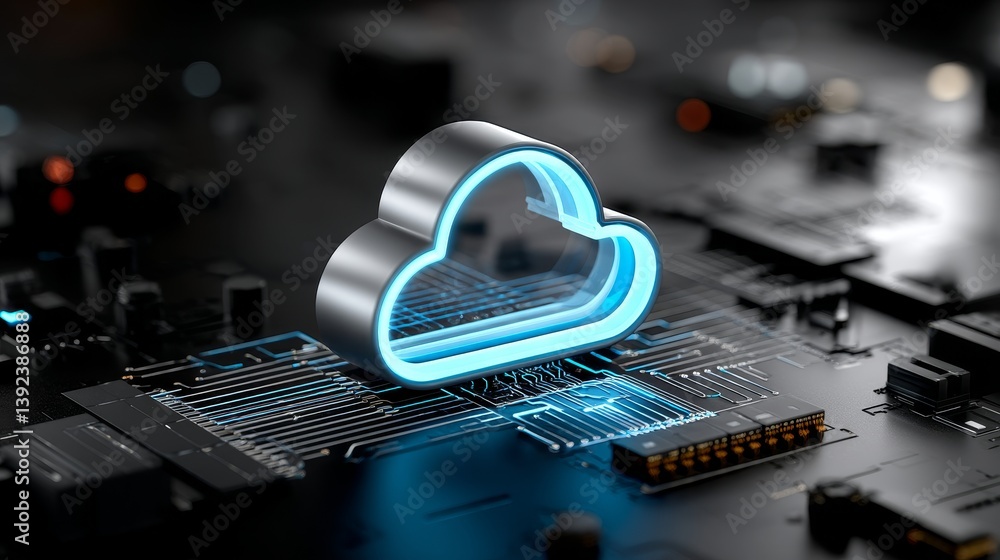 Aufkleber a futuristic digital hologram incorporating cloud icons, illuminated by blue and golden light, set a