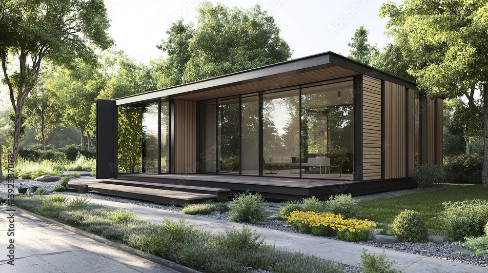 Poster modern prefab modular home with minimalist design in lush green setting
