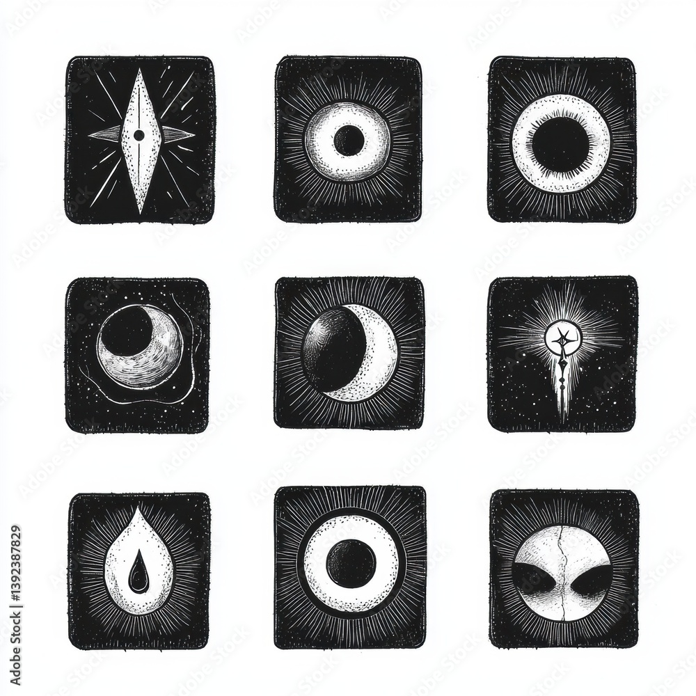 Poster a collection of nine intricate black and white symbols, each representing celestial and mystical the