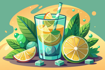 vector of Refreshing lemon and mint drink with ice