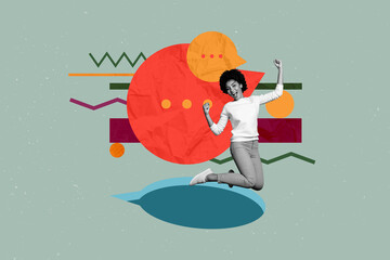 Creative full artwork collage of happy girl stand bubble communication icon chatterbox conversation...