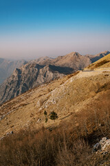 Dry grass in the highlands in a light haze against the sunset sky