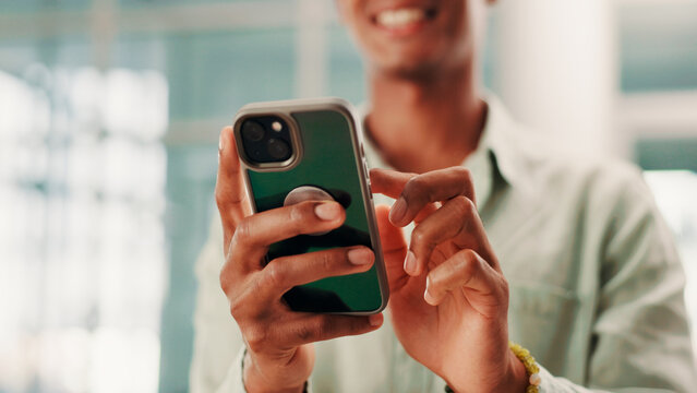 Hands, cellphone and man in office with networking, communication or social contact with chatting. Technology, connectivity and journalist with internet search or texting with phone in workplace.