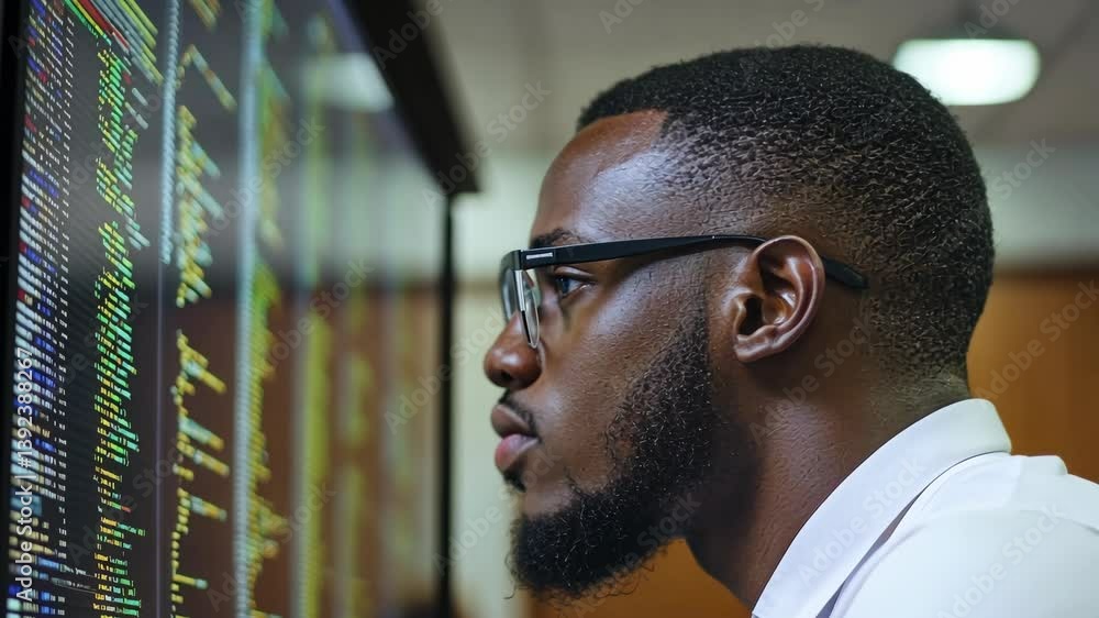 Poster focused man with glasses analyzes lines of computer code on a large screen, carefully studying data 
