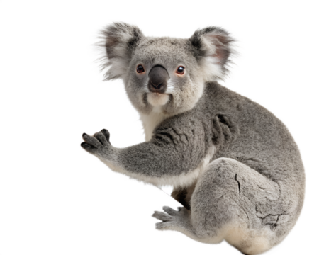 A koala sitting with its left arm isolated on a transparent background