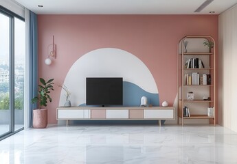 Modern, elegant and aesthetic TV room interior, large windows, beautiful wall paintings on the wall behind the TV, modern TV table, books neatly arranged on the shelf next to the TV, pots in the corne