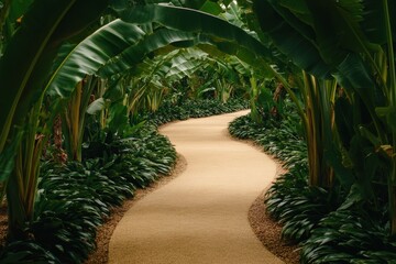 Fototapeta premium Winding dirt path through lush banana foliage in tropical setting Generative AI