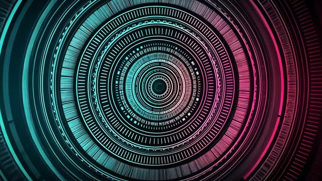 Abstract concentric circles with intricate patterns, light and dark shades, gradient transition from cool blue to warm pink