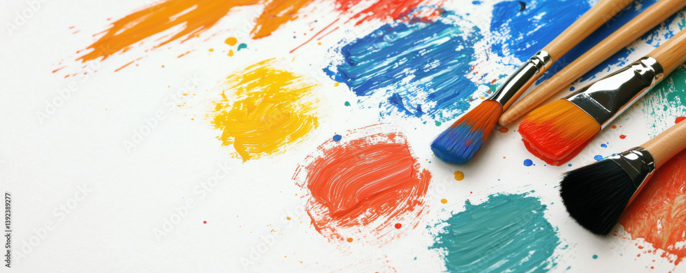Poster a vibrant array of paint splatters with brushes, showcasing a colorful artistic palette ready for cr