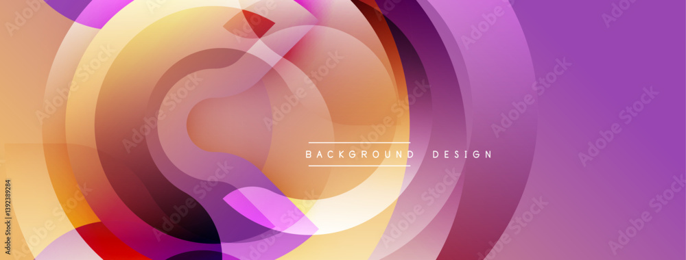 Poster abstract design. circular layers blend purple, orange, yellow hues. smooth gradients create dynamic 