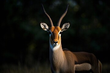 Fototapeta premium there is a gazelle standing in the grass with a dark background