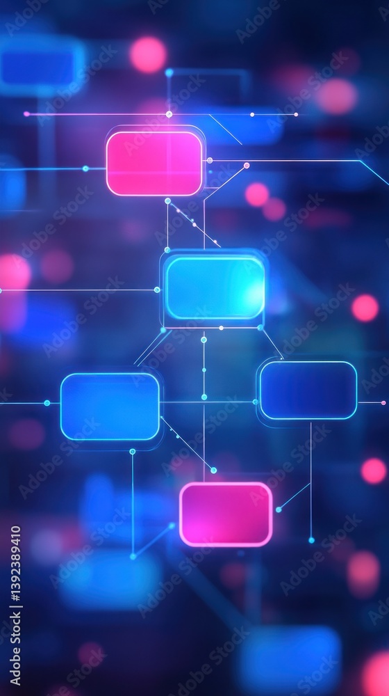 Poster colorful abstract flowchart design with glowing nodes and lines