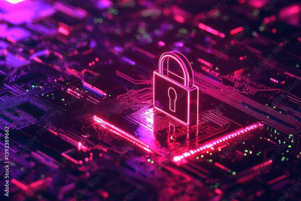 Poster digital representation of cybersecurity with a glowing lock symbol on a circuit board
