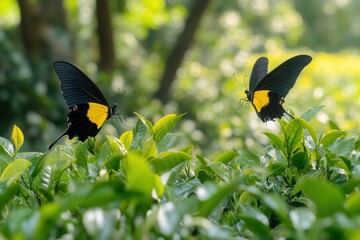 Diverse butterflies interacting in a lush tea plantation setting Generative AI