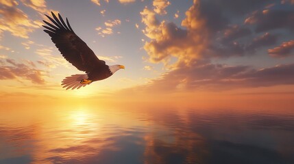 Naklejka premium An eagle soaring through the sky symbolizes freedom, strength, and vision, embodying power and independence with its wings spread wide, soaring high above in a bright and modern atmosphere
