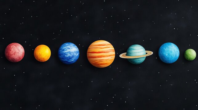 Stylized solar system with colorful orbits and planets on blackboard texture educational space background 