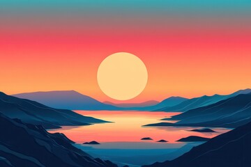 Fototapeta premium Sunset Over a Mountainous Coastline with a Large Sun