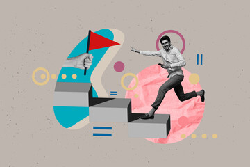 Poster trend collage of person stand steps direct flag on grey background