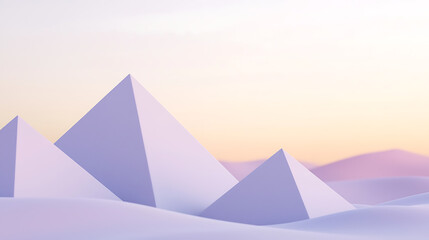 A mountain range with three pyramids in the foreground