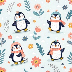Adorable Penguins Winter Floral Seamless Pattern Design fun ice art cute kids baby snow   