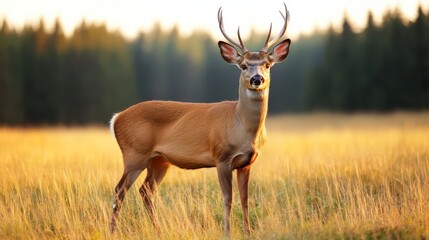 Wild deer standing in tall grass with forest behind golden hour summer light serene woodland scene 