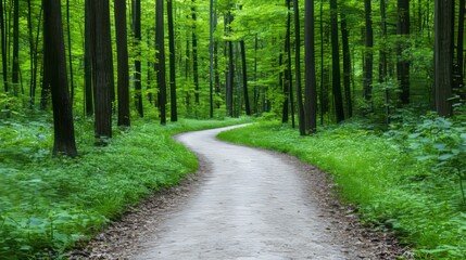 Obraz premium Winding forest path dappled in sunlight leading into deep summer woods peaceful natural scene 