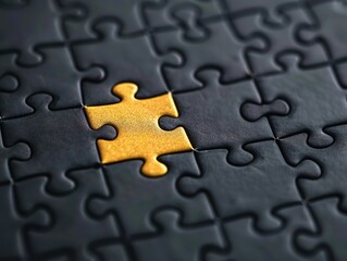 Fototapeta premium Completing the puzzle golden piece in black background conceptual image minimalist environment close-up view