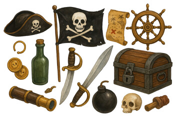 Pirate Elements Collection with Hat, Flag, Treasure, and Gear