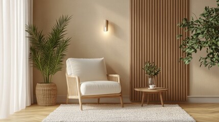Cozy, warm interior with a cream armchair, wood paneling, and lush plants. A serene and inviting reading nook