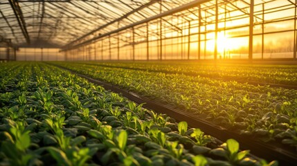 A large indoor farm with advanced lighting and climate systems, growing fresh vegetables in trays under controlled conditions.