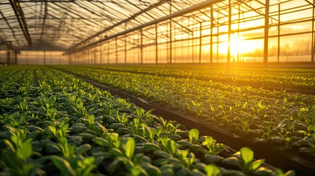A large indoor farm with advanced lighting and climate systems, growing fresh vegetables in trays under controlled conditions.