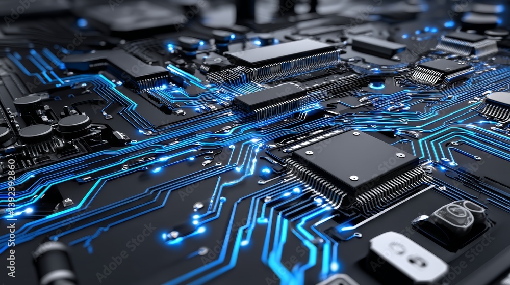 Poster advanced technology conceptual background featuring computing processor, cpu, microchip and electron