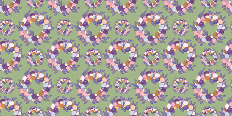 Foliage egg wreath illustration on green background. Easter religious catholic holiday wallpaper for banner design greetings.