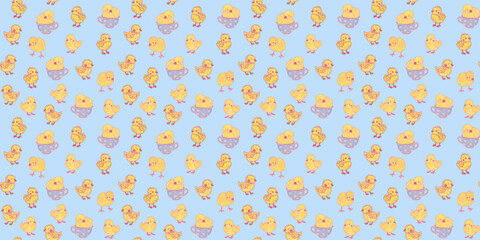 Baby yellow chickens illustration on green background. Easter religious catholic holiday rectangular horizontal wallpaper for banner design greetings.