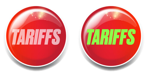American tariffs and US government taxation vector button and label isolated on white. Usa trade war and war policy, duties imposed on imports and exports. New tariffs for countries