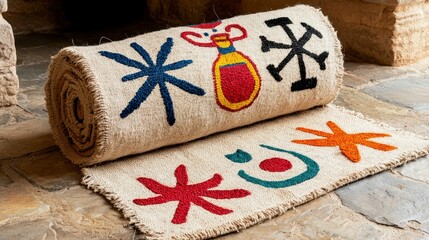 Rustic Cream Rug with Colorful Star and Abstract Designs on a Stone Floor with Bright Lighting