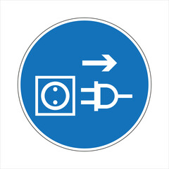 Blue and white mandatory sign indicating the location of an electrical outlet for plugging in devices